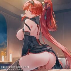 1boy 1girl 2026 ai_generated arched_back ass bare_shoulders black_dress black_gloves blush breasts breasts_out candle china_dress clothed_female_nude_male cocomiyart cowgirl_position dress earrings elbow_gloves girl_on_top gloves hair_ornament hairband hetero high_ponytail highres indoors jewelry large_breasts long_hair looking_at_viewer looking_back mole mole_under_eye motion_lines nipples nsfw nude open_mouth penis pointy_ears ponytail purple_eyes red_hair reverse_cowgirl_position sex sex_from_behind sleeveless sleeveless_dress smile solo_focus straddling tassel thighhighs thighs uncensored vaginal very_long_hair wuthering_waves yinlin_(wuthering_waves)