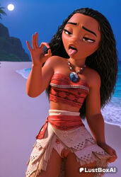 1girls ai_generated artist_name bare_shoulders beach black_hair breasts brown_eyes clothing_aside cowboy_shot dark-skinned_female dark_skin disney disney_princess fellatio_gesture female_human forehead half-closed_eyes hi_res jewelry long_hair lustboxai moana moana_2 moana_waialiki moon necklace open_mouth outdoors panties panties_aside pussy skirt skirt_lift sky small_breasts solo strapless sun tongue tongue_out tribal tube_top uncensored underwear very_dark_skin