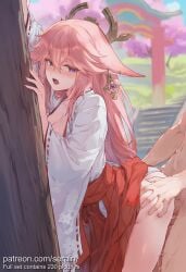 1boy 1girl 2026 against_tree ai_generated animal_ears ass ass_grab blush breasts cleavage clothed_female_nude_male clothed_sex earrings fox_ears genshin_impact hair_between_eyes hair_ornament hakama hakama_skirt hetero highres japanese_clothes jewelry kimono large_breasts long_hair long_sleeves miko nsfw nude open_mouth outdoors pink_hair purple_eyes red_hakama serain sex sex_from_behind skirt solo_focus standing standing_sex thighs tree uncensored very_long_hair white_kimono wide_sleeves yae_miko