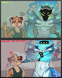 5_fingers absurd_res anthro biped cheetah clothed clothed_anthro clothed_male clothing comic crossed_arms duo english_text eyes_closed face_verification_meme featureless_crotch felid feline fingers green_clothing green_topwear hi_res humanoid_hands loppifi male male_anthro mammal meme red_eyes standing text topwear verification wren_(loppifi)