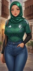 ai_assisted ai_generated female football football_uniform hijab hijabi jeans saudi_arabia tanned tanned_female tanned_skin world_cup