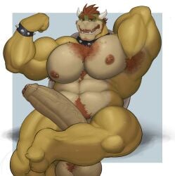 anthro armpit armpit_hair balls bara big_balls big_penis boner bowser erection facial_hair fleshformomo flexing hand_behind_head male male_only mario_(series) muscles muscular nintendo penis scalie sitting solo solo_male sweat sweating turtle