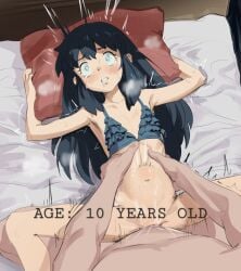 1boy bikini bikini_top_only blue_bikini blue_hair blush butterchalk commentary dawn_(pokemon) drooling english_commentary female highres long_hair lying missionary on_back on_bed petite pokemon pokemon_dppt sex straight swimsuit torso_grab
