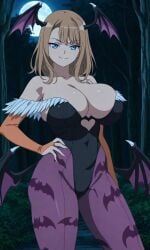 1girl ai_generated bat_wings big_sister blue_eyes breasts bridal_gauntlets brown_hair cleavage cosplay covered_navel darkstalkers eunie_(xenoblade) forest huge_breasts leotard medium_hair morrigan_aensland morrigan_aensland_(cosplay) naughty_face night nintendo onee-chan pantyhose seductive_smile silf skin_tight solo wings xenoblade_(series) xenoblade_chronicles_3