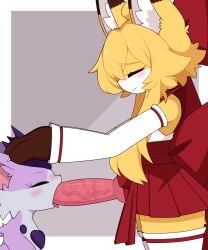 5:6 animal_genitalia animal_penis anthro asian_clothing big_penis blush bodily_fluids canid canine canine_genitalia canine_penis clothing crossgender dripping duo east_asian_clothing eyes_closed felid feline fellatio female_(lore) fox ftg_crossgender fti_crossgender genital_fluids genitals gynomorph hand_on_head huge_penis intersex japanese_clothing km-15 lumen_(km-15) mammal miko_outfit miu_(feeshyartist) open_mouth oral penile penis penis_in_mouth philikkahn precum precum_drip saliva saliva_on_penis sex side_view tongue tongue_out tongue_out_fellatio vein veiny_penis
