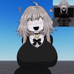 1girls bell_collar big_breasts black_bow black_dress blonde_hair closed_eyes eatidalemons eatlemons heart huge_breasts pov reference_image roblox robloxian simple_background smiling standing white_skin