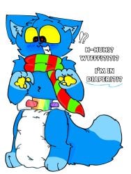 blue_fur diaper diaper_critter diaper_fetish diaperfur embarassed english_text female female_only furry furry_female furry_only margarita_(margokit) margokit_(artist) multicolored_scarf oc original_character paws plushie rainbow_colors scarf shocked shocked_face shy solo solo_female surprised tagme yellow_eyes