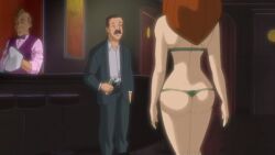 bartender bikini_thong bimbo bimbo_ass bimbo_body brunette bubble_butt combover dark_background green_bikini green_lingerie hourglass_figured_female money_in_hand moustache older_male pornstar_body round_ass screenshot slutty_female softcore strip_club stripper stripper_clothes stripperella thong tiny_thong walking