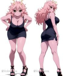 1girl ai-created armpits ashido_mina ass ass_focus bare_legs black_dress black_heels black_high_heels black_sclera boku_no_hero_academia bones_(company) curvy dress energetic feet from_behind gyaru heels heroine high_heels horn huge_ass knees legs looking_at_viewer looking_back mina_ashido my_hero_academia pink_hair pink_skin round_ass sassy seductive_body sexy sexy_body shounen_jum sideboob smile superheroine tight_dress toes yellow_eyes young young_female