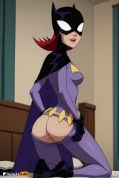 1girls ai_generated artist_name ass barbara_gordon batgirl batgirl_(the_batman) batman_(series) bed black_cape black_gloves bodysuit breasts cape clothes_pull dc dc_comics female_human gloves hi_res indoors kneeling lipstick looking_back mask medium_breasts no_panties on_bed patreon_logo pussy red_hair rule34lab solo superhero the_batman_(tv_series) uncensored undressing