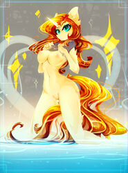 2015 anthro blue_eyes bottomless breasts casual equine female friendship_is_magic furry hair half-dressed horn kneeling koveliana long_hair looking_at_viewer mammal my_little_pony nipples nude pussy royaltride shirt shirt_lift solo sunset_shimmer unicorn