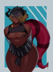 1boy axred7 big_bulge big_tail bikini_top black_hair bottom_heavy bottom_heavy_femboy bulge curvy curvy_figure dark-skinned_femboy dark-skinned_male dark-skinned_sissy dark-skinned_sub dark_skin dragon_horns dragon_humanoid ebony femboy gay hair_over_one_eye intersex looking_at_viewer miniskirt pierced_tail thick_thighs voluptuous voluptuous_male wide_hips yaoi yellow_eyes yellow_highlights zini_(beefynerdd)