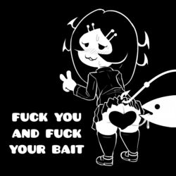 4chan ambiguous_gender ass bait-chan black_background blush censored duo female feral fish heart hook interspecies livesmutanon looking_at_viewer looking_back marine meme monochrome plain_background pussy_juice reaction_image sweat thick_thighs v zoophilia