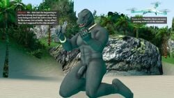 16:9 3d_(artwork) 4k abs absurd_res anthro balls digital_media_(artwork) drone embarrassed embarrassed_naked_male embarrassing_exposure embarrassing_nudity english_text epic_games flaccid fortnite genitals hi_res jewelry kneeling komodo_dragon lizard male meteorsmash monitor_lizard nude nude_anthro nude_male pecs penis red_eyes reptile scalie solo text thunder_(fortnite) widescreen