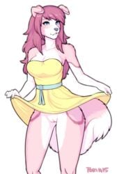 2015 alpha_channel anthro biting_lip blue_eyes blush bottomless canine clitoris clothed clothing dia_(viswey) dress female flashing fur hair half-dressed long_hair mammal pink_fur pink_hair plain_background porin pussy skirt skirt_lift solo standing transparent_background upskirt