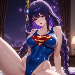 1girls ai_assisted ai_generated blue_leotard breasts crossover dc dc_comics female hair_ornament leotard lewd looking_at_viewer pose posing purple_eyes purple_hair raiden_shogun sexy soaked solo solo_female solo_focus superman superman_(cosplay) superman_(series) superman_logo themed_clothes thick_thighs thighs tongue tongue_out