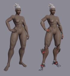 3d african african_female blue_eyes breasts calves completely_nude cyborg dark-skinned_female dark_skin dreadlocks dzooworks feet fit_female gilf labia mature_female overwatch overwatch_2 ponytail pussy smile smirk sojourn_(overwatch) toes white_hair