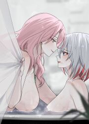 2girls bath bathroom blue_eyes female female_focus female_only femdom honkai:_star_rail honkai_(series) in_bathtub jade_(honkai:_star_rail) large_breasts light-skinned_female light_skin lipstick lipstick_mark long_hair looking_at_another looking_at_partner multiple_girls pink_hair romantic romantic_couple seol_(artist) short_hair shy shy_smile silver_eyes smile smiling smiling_at_partner tagme topaz_(honkai:_star_rail) water white_hair yuri