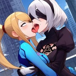 ai_generated french_kissing kissing metroid nier:_automata powerhouserift samus_aran tongue_kiss tongue_touching_another's_tongue tongues_touching yorha_2b yuri