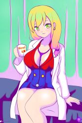 blonde_hair cleavage doctor green_eyes labcoat lucky-jj original original_character