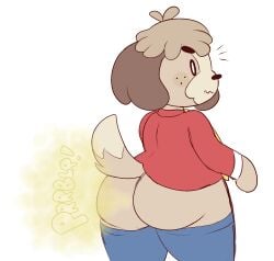 animal_crossing anthro ass big_butt blue_bottomwear blue_clothing blue_jeans blue_pants bottomwear bottomwear_down brown_body brown_ears brown_fart_cloud brown_fur brown_text canid canine canis clothed clothing denim denim_bottomwear denim_clothing digby_(animal_crossing) domestic_dog drawful-s fart fart_cloud fart_fetish floppy_ears fur furgonomics hi_res jeans jeans_down male mammal necktie nintendo pants pants_down pants_pulled_down partially_clothed red_clothing red_shirt red_topwear shirt simple_background solo sound_effects text thick_thighs topwear vowelless vowelless_sound_effect white_background yellow_necktie