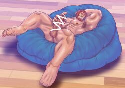 1boy anal_hair armpit_hair bara beard censored completely_nude dark-skinned_male dark_skin facial_hair fate/zero fate_(series) foot_hair full_beard full_body genta_iwayama hairy inflatable_chair iskandar_(fate) large_pectorals male_focus male_only male_pubic_hair mature_male muscular muscular_male nude pectorals presenting pubic_hair red_eyes red_hair scribble_censor short_hair solo spread_legs thick_beard thick_leg_hair thick_navel_hair