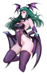 1girls bat_wings cowboy_shot curtains_match_windows darkstalkers elbow_gloves female fingerless_elbow_gloves green_eyes green_hair head_wings light-skinned_female light_skin morrigan_aensland nymse solo succubus thighhighs white_background