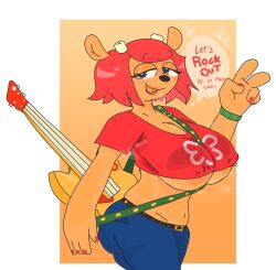 1girls anthro ass belly belly_button big_breasts breasts clothing errorplush female furry guitar horn lammy_lamb midriff musical_instrument nail_polish nipple_bulge nipples_visible_through_clothing painted_nails parappa_the_rapper peace_sign purple_eyes red_hair small_horns smiling sweat sweat_stain sweaty_breasts tagme um_jammer_lammy underboob v wristwear