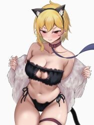 angry biting_lip blush cameltoe cat_ears cat_girl cat_lingerie cat_tail fur_trim hololive hololive_indonesia hololive_indonesia_holoh3ro kaela_kovalskia large_breasts leash leashed_collar meme_clothing thigh_strap unamused virtual_youtuber