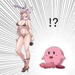 !? ^^^ animal_ears bikini black_bikini black_footwear blue_bow bow breasts censored cleavage closed_mouth commentary_request crossover emphasis_lines female full_body grey_hair hairbow high_heels highres holding_dice kaavi kirby kirby_(series) large_breasts long_hair looking_to_the_side mahjong_soul mosaic_censoring penis pun rabbit_ears rabbit_girl simple_background surprised sweatdrop swimsuit tataeroero what white_background