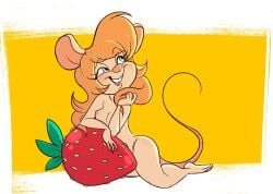 2020 anthro breasts buckteeth chip_'n_dale_rescue_rangers disney female food front_view fruit full-length_portrait gadget_hackwrench head_on_hand hi_res looking_up mammal micro mouse murid murine nipples nude pinup plant portrait pose rodent rougefetus solo strawberry teeth