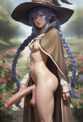 1futa ai_generated babski326 balls big_penis blue_eyes blue_hair braid breasts cape cloak erection flower from_side futa_only futanari hair_between_eyes lips long_hair looking_at_viewer mushoku_tensei naked_cape nipples outdoors realistic roxy_migurdia sagging_balls side_view small_breasts solo standing testicles twin_braids veins veiny_penis very_long_hair witch_hat