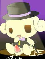 1boy beady_eyes bow_tie brown_eyes cane canine cinnamoroll_(series) cum dog espresso_(cinnamoroll) feral fluffy_fluffy_cinnamoroll fur hat looking_at_viewer male mammal sanrio solo spotlight tongue top_hat tuxedo yellow_fur