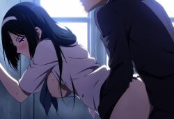 against_wall ai_generated breasts_out breasts_out_of_clothes doggy_style hyouka irisu_fuyumi school_uniform white_headband