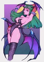 1girls bat_wings big_breasts cleavage darkstalkers female green_hair morrigan_aensland nymse one_arm_behind_head pink_body pink_skin solo solo_female succubus