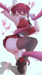 1girls ass blush breasts closed_eyes cnc consensual_non_consent female hololive hololive_fantasy hololive_japan houshou_marine large_breasts red_hair restrained secretly_loves_it shellvi skirt solo sweat tentacle tentacle_rape thighs virtual_youtuber