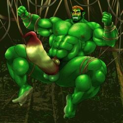 balls bara beard big_penis body_hair boner dicksucking_creature erection facial_hair green_body green_skin hitenmaru male male_only muscles muscular nude orc penis plant_tentacle solo solo_male spread_legs sweat sweating vines