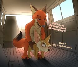 3_toes anal anthro canid canine dialogue disney duo english_text feet fennec_fox finnick fox from_behind_position genitals hi_res male male/male mammal nick_wilde penis sex seyrmo size_difference text toes true_fox yaoi zootopia