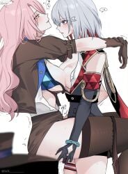 2girls blue_eyes female female_focus female_only femdom gloves hands_around_neck honkai:_star_rail honkai_(series) hugging hugging_partner jade_(honkai:_star_rail) large_breasts legs_around_waist lesbian_sex light-skinned_female light_skin lipstick lipstick_mark long_hair looking_at_partner pink_hair romantic romantic_couple romantic_sex seol_(artist) sex short_hair silver_eyes tagme thick_thighs topaz_(honkai:_star_rail) white_hair yuri