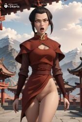 1girls ai_generated architecture artist_name avatar_legends avatar_the_last_airbender azula black_hair breasts brown_eyes chinese_clothes cleavage cleavage_cutout cloud day dress east_asian_architecture hair_bun hi_res lips looking_at_viewer medium_breasts mountain nickelodeon nicktoons no_panties open_mouth outdoors pussy r34arts red_dress short_hair sky solo thigh_gap twitter_logo uncensored