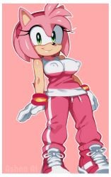 ai_generated alternate_costume amy_rose ashaa big_breasts clothed clothing cute erect_nipples full_body green_eyes hair_accessory mobian mobian_(species) nipples_covered pink_body pink_fur shirt simple_background sleeveless sneakers sonic_(series) sonic_riders sonic_the_hedgehog_(series) sportswear track_pants white_gloves