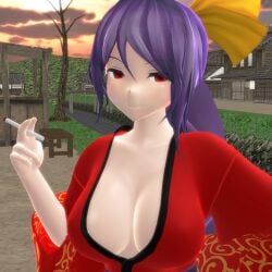 1girls 2024 3d big_breasts cigarette cleavage embelishments hati_yukkuri_mmd holding_cigarette komakusa_sannyo light-skinned_female long_hair_female mature_female mmd purple_hair red_jacket solo_female solo_focus sunset topwear touhou unconnected_marketeers village yamajorou yellow_bow youkai