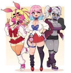 3females 3girls amber_eyes antennae_(anatomy) black_sclera blue_hair breasts female female_only grey-skinned_female grey_skin gyaru hi_res ichigo_lemonade indie_virtual_youtuber j5daigada kumo_kuddelmuddel light-skinned_female light_skin looking_at_viewer pink_hair purple_eyes red_eyes reiyuguigui smiling smiling_at_viewer tagme tagme_(character) tan_skin tanline thighhighs thighs two_tone_hair virtual_youtuber white_background white_hair wink winking_at_viewer yellow_hair