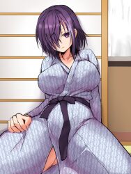 1girls bangs bath_yukata blank_eyes breasts closed_mouth collarbone emotionless hair_over_one_eye imminent_sex inner_thighs japanese_clothes kimono large_breasts long_sleeves looking_at_viewer medium_hair nonaga_(shiro_maru) purple_eyes purple_hair sash shiro_maru short_hair sitting solo yukata