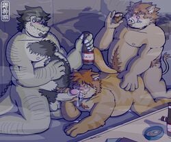 alcohol alligator anal anthro beer beverage blush boar body_hair chest_hair chubby cigar cum feline furry group group_sex male mammal messy oral penis porcine reptile scalie sex smoke tiger wanikami yaoi