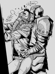 2024 2boys anal armor bara beard blush bottomless cloth_gag clothed clothed_male clothed_sex connected_beard couple crusader_(darkest_dungeon) daekiyu darkest_dungeon english_text erection facial_hair full_beard gagged gauntlets gay gothic_artstyle greyscale heart helmet helmet_with_visor highres highwayman_(darkest_dungeon) hip_armor knight lizzyoli-ravioli male male_focus male_only mature_male monochrome multiple_boys obscured_face pauldrons penis sex sex_from_behind short_hair shoulder_armor shoulder_pad shoulder_pads side_view sketch sparse_leg_hair standing standing_sex thick_eyebrows yaoi