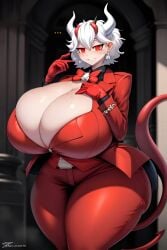 1girls ai_generated ass beelzebub_(helltaker) belt big_ass big_breasts black_shirt blush blush bowtie breast_expansion breast_focus breasts breasts_bigger_than_head child_bearing_hips cleavage demon demon_girl demon_horns demon_tail ear_piercing earrings female female_focus female_only freckles gloves hand_on_breast handwear helltaker horn horns horny huge_ass huge_breasts humanoid hyper_breasts large_ass large_breasts looking_at_viewer red_eyes red_gloves red_suit shirt short_hair smile suit tail thick thick_ass thick_thighs tight_clothing white_hair white_horn