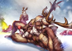 2014 anthro antlers ass balls blood candy_cane cervine chest_tuft christmas dotts erection fire fur group holidays horn humanoid_penis male mammal nipples penis reindeer rudolph rudolph_the_red_nosed_reindeer santa_claus sleigh solo_focus tattoo tuft yellow_eyes