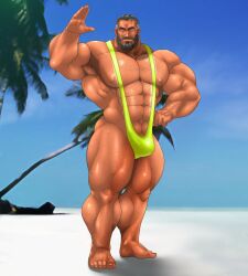 balls banana_hammock bara beard bulge facial_hair flaccid hitenmaru male male_only mankini muscles muscular penis solo solo_male sweat sweating