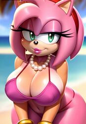 age_progression ai_assisted ai_generated ai_upscaled aifurryv2 amy_rose beach beach_background big_breasts eyelashes furry furry_ears gold_bracelet green_eyes huge_breasts large_breasts lipstick long_eyelashes looking_at_viewer milf mobian_(species) nipple_bulge pearl_necklace pink_bra pink_hair pink_skin red_hairband red_lipstick red_tongue sega short_hair sonic_(series) sonic_the_hedgehog_(series) tan_skin thick_thighs thighhighs thighs